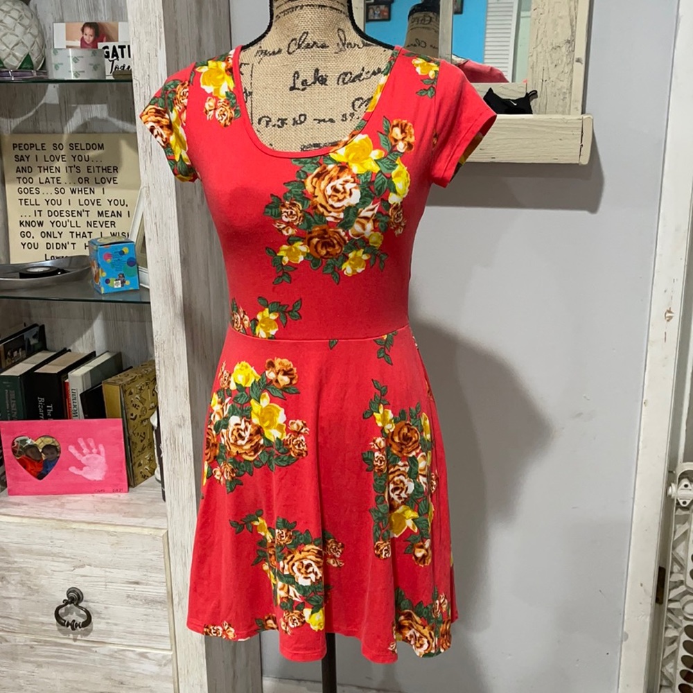 Pink and floral skater dress small